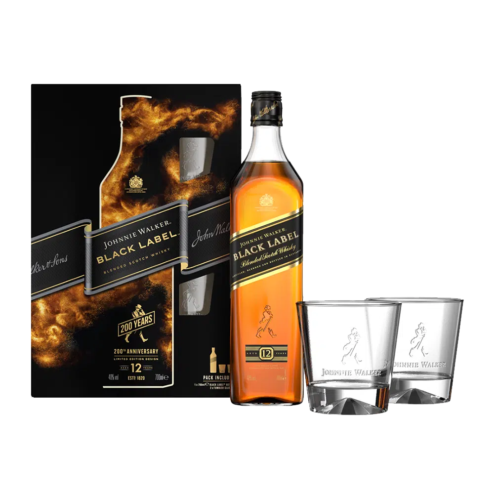 JOHNNIE WALKER BLACK LABEL MET GLAS 0.70 LTR