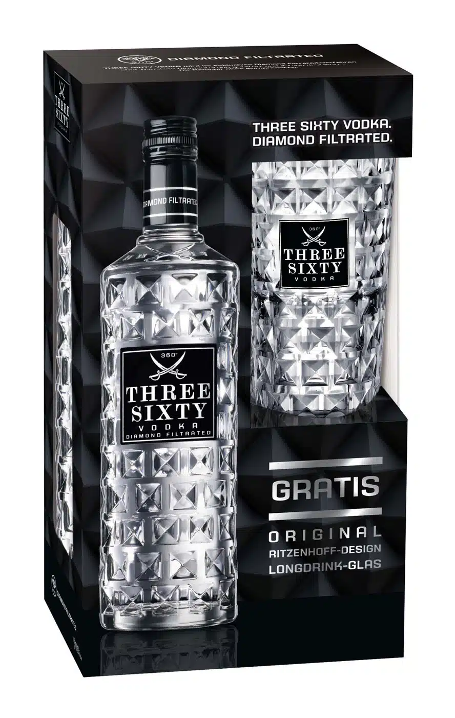 THREE SIXTY MET GLAS VODKA 0.70 LTR